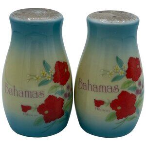 Vintage Salt & Pepper Shaker Set Bahamas Red Hibiscus Floral Souvenir